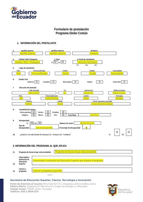 Formulario De Postulacin Senescyt Formulario De Postulaci N Programa