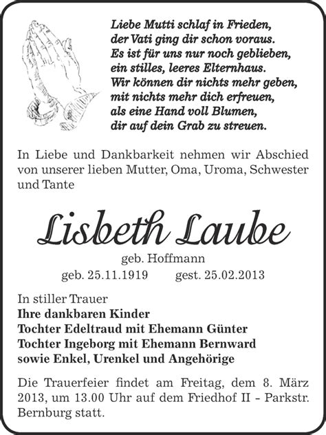 Traueranzeigen Von Lisbeth Laube Abschied Nehmen De