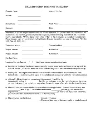 Fillable Online VISA Notification Of Disputed Transaction Form Doc Fax