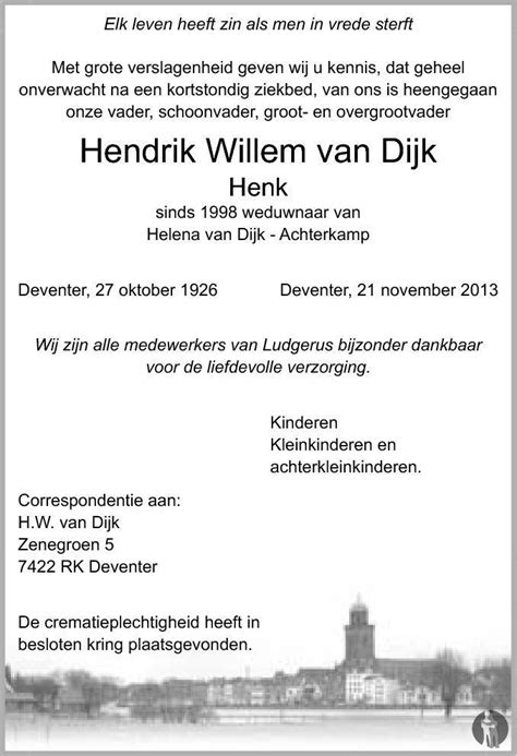 Hendrik Willem Henk Van Dijk 21 11 2013 Overlijdensbericht En