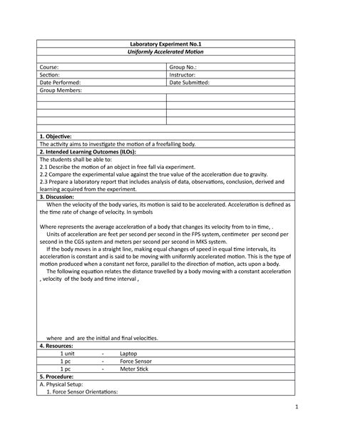 Experiment 1 Uniformly Accelerated Motion 2 Laboratory Experiment No