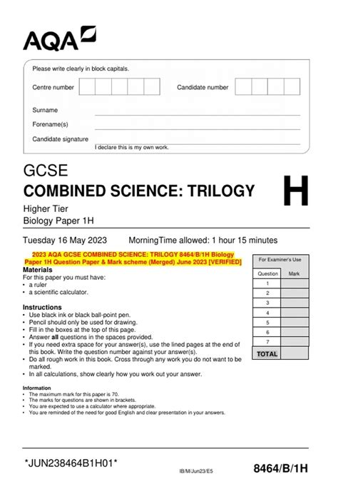 Aqa Gcse Combined Science Trilogy B H Biology Paper H