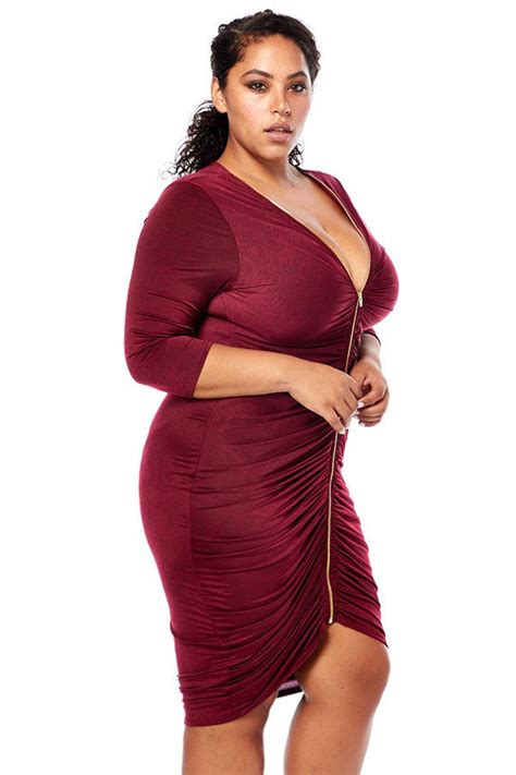 Plus Size Shine Bright Front Zipper Ruched Dress Plussizefix