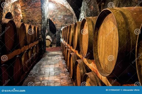 Wine In Wooden Barrels Is Stored Wine Cellar Stock Image Image Of