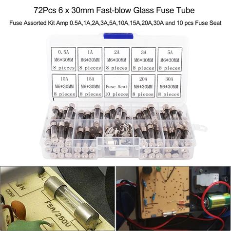 72pcs 6 30mm Fast Blow Car Glass Fuses Tube Fuses Assorted Kit Amp 0 5a 1a 2a 3a 5a 10a 15a 20a