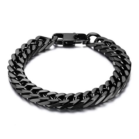 Durable Black Stainless Steel Bracelet Men Heavy Wide Mens Curb Chain