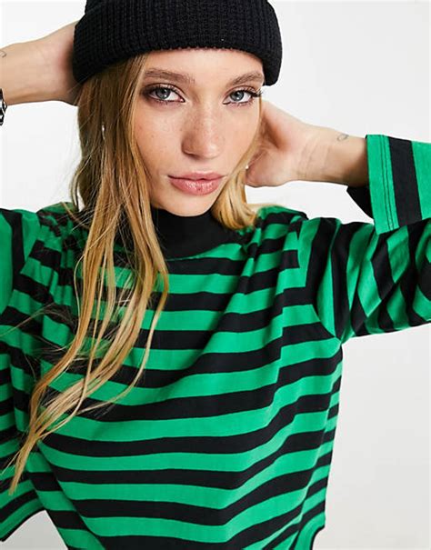 Asos Design High Neck Boxy Long Sleeve Top In Black And Green Stripe Asos