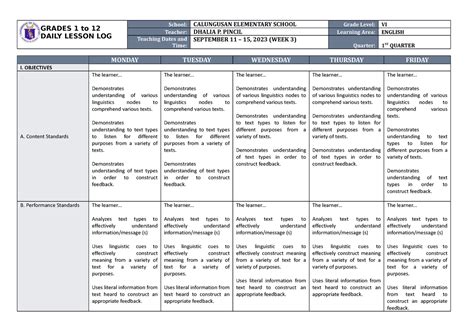 Dll English 6 Q1 W3 Daily Lesson Log For English Grades 1 To 12