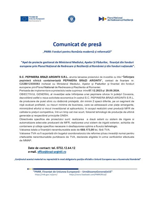 Comunicat De Pres Pepiniera Brazi Argintii Srl Ziarul National