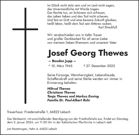 Traueranzeigen Von Josef Georg Thewes Saarbruecker Zeitung Trauer De