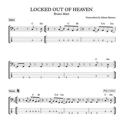 LOCKED OUT OF HEAVEN Bruno Mars Bass Score Tab Lesson Edson