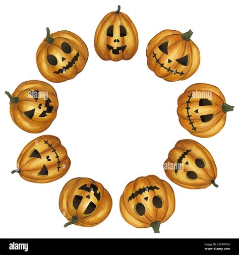 Carved Orange Pumpkin Halloween Round Wreath Frame Jack O Lantern Illuminating The Way