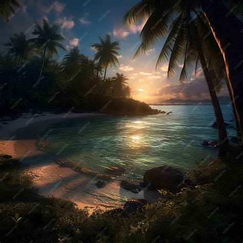 premium photo  sunsets  tropical beach  palm trees