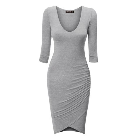 Mbj Wdr940 Womens Deep V Neck 3 4 Sleeve Tulip Bodycon Dress M Heather