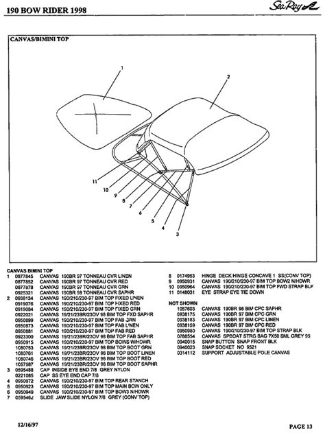 Sea Ray® 190 Bowrider Select 1998 Parts Manual Canvas Drawing Bimini