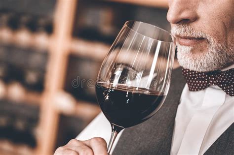 Sommelier Concept Senior Man Standing Holding Glass Smelling Wine