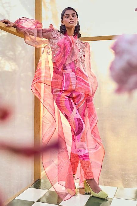 Buy Pink Organza Heavy Crepe Willa High Low Sheer Cape And Pant Set