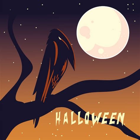 Premium Vector Halloween Card With Full Moon And Raven Illustration