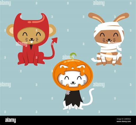 Halloween animals cat, hare and mouse in cartoon costumes Stock Vector ...