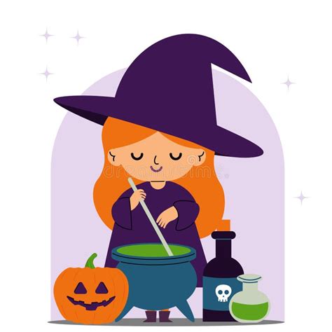 A Cute Witch Is Brewing A Potion A Template For Halloween Stock