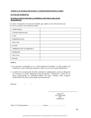 Completable En línea ANEXO I AL PLIEGO DE BASES Y CONDICIONES Fax