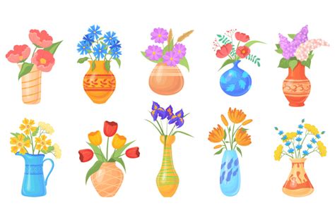 Cartoon Jug With Flower Blooming Flowers In Vases Colorful Vase With