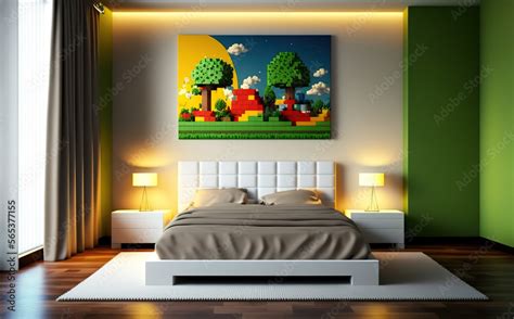 Modern minimalist bedroom with big colorful voxel art painting on the ...