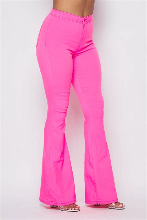 High Waisted Stretchy Bell Bottom Jeans Neon Pink