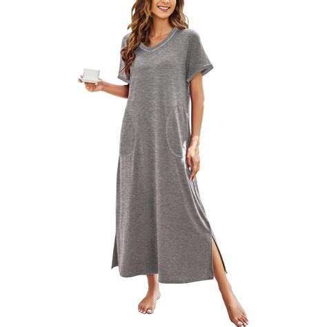 Ekouaer Womens Full Length Short Sleeve Nightgown Grey Ekouaer