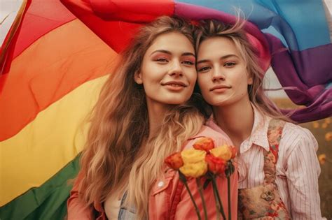 Una Hermosa Pareja Lesbiana Gay Feliz Con Los Colores Del Arco Iris En