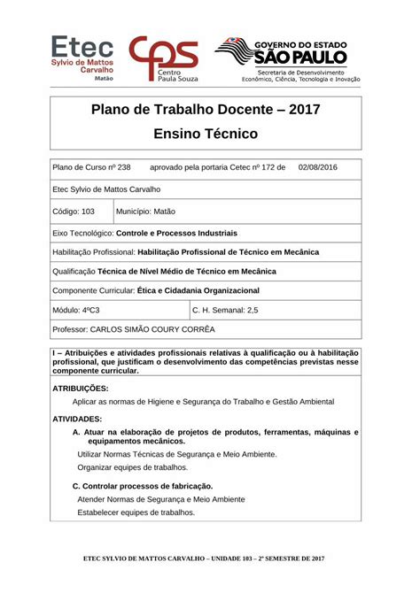 PDF Plano de Trabalho Docente 2017 Ensino Técnico Aplicar as normas