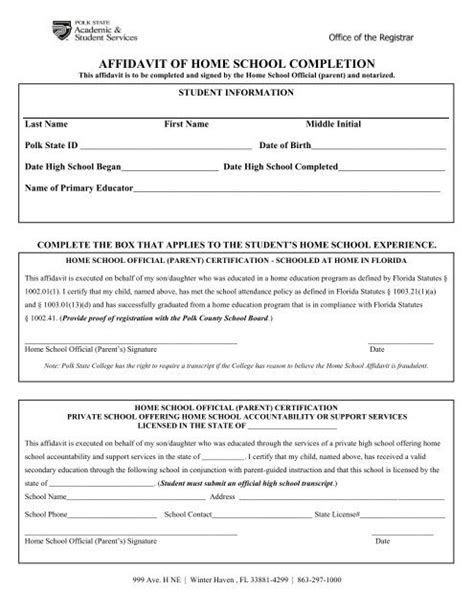 Affidavit Of Home School Completion Polk State College