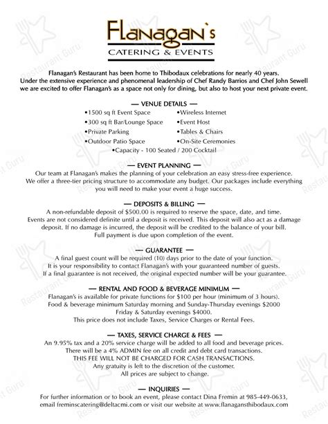 Menu at Flanagan's Creative Food restaurant, Thibodaux