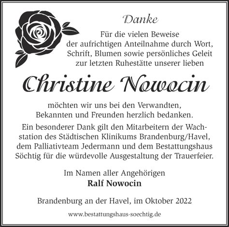 Traueranzeigen Von Christine Nowocin M Rkische Onlinezeitung Trauerportal