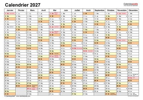 Calendrier 2027 Excel Word Et Pdf Calendarpedia