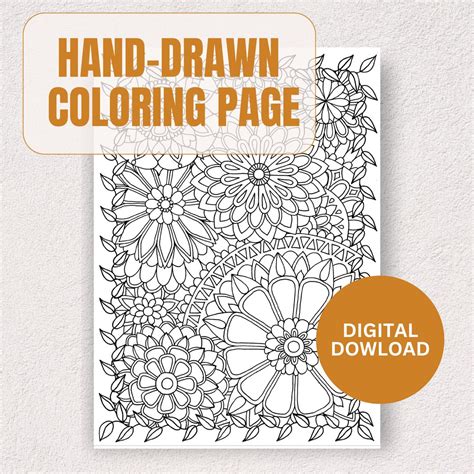 Flower Doodle Coloring Page Hand-drawn Coloring Page Print & Color Digital Download Art Coloring ...