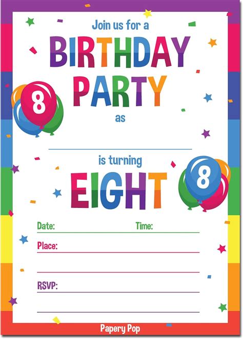 8th Birthday Party Invitations With Envelopes 15 Count 8 Year Old