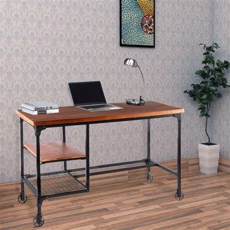 Benzara Industrial Style Wooden Desk With Two Bottom Shelves, Brown And Black - BM123677 ...