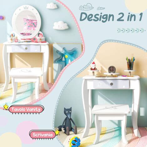 COSTWAY Toeletta Trucco Per Bambina 2 In 1 Set Di Tavolo Trucco E