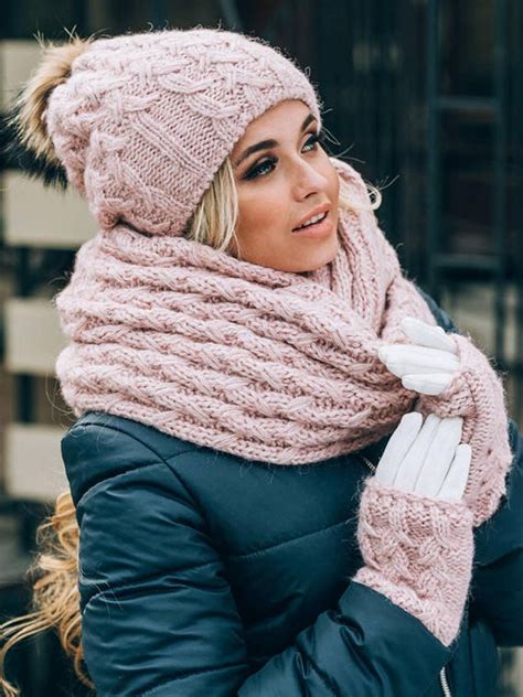 Pom Pom Hat Lined With Fleece Mittens Infinity Scarf Set Pink Etsy