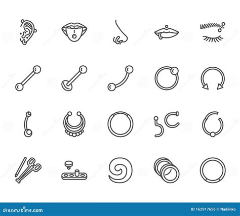 Piercing Flat Line Icons Set Body Jewelry Nose Hoop Ear Ring Tongue