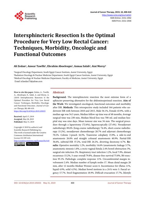 PDF Intersphincteric Resection Is The Optimal Procedure For Very Low