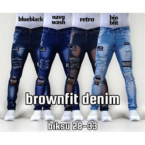 Jual Celana Panjang Jeans Pria Sobek Ripped Emblem Bordir Biksu Slimfit