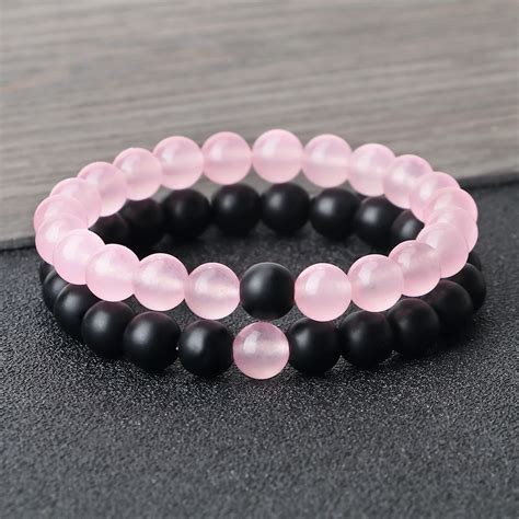 Naturstein Passende Paar Armband Abstand Rosa Schwarze Perlen F R M