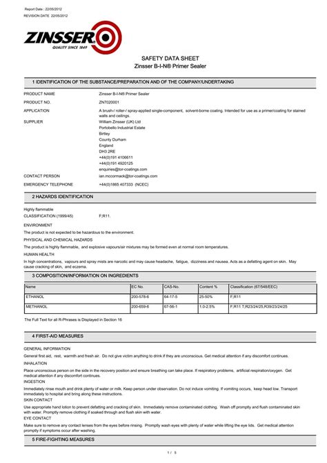 Safety Data Sheet Zinsser B I N Primer Sealer Toolbank