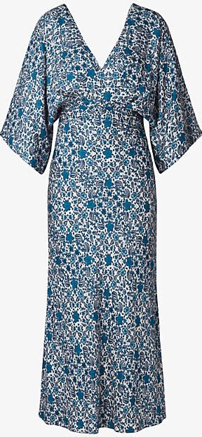 Malina Womens Coastal Florals Juno Floral Print V Neck Satin Midi Dress