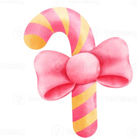 Watercolor Candy Cane Clipart Pink And Yellow Candy Cane With Pink Ribbon Bow Illustration