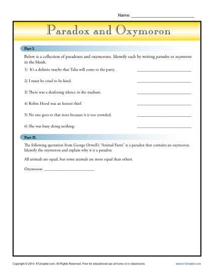 Oxymoron Worksheets Figurative Language Practice