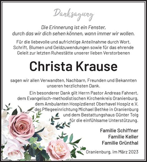 Traueranzeigen Von Christa Krause M Rkische Onlinezeitung Trauerportal