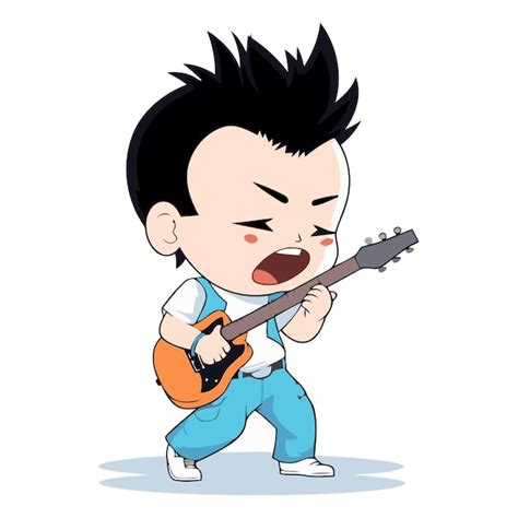 Menino De Desenho Animado Tocando Guitarra Isolado Em Fundo Branco